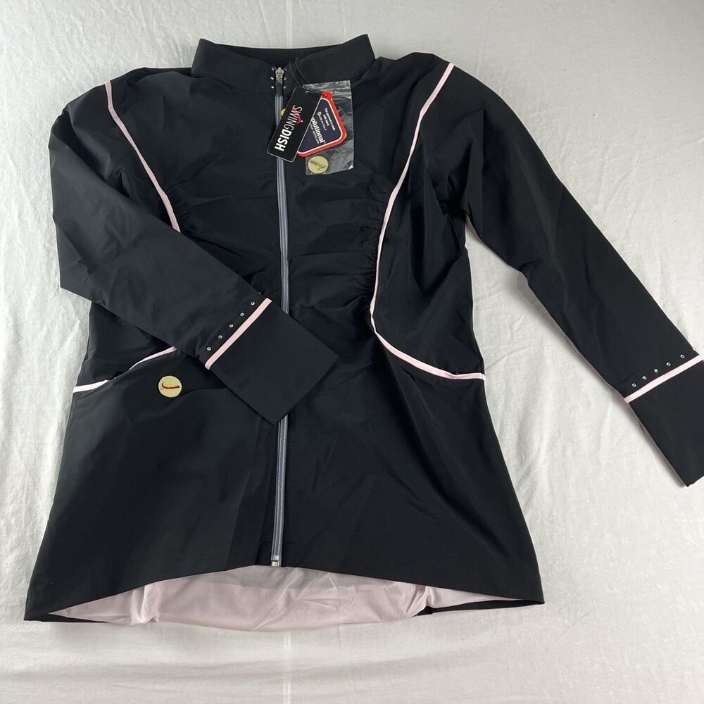 SwingDish Golf‎ Jacket Womens M Black Pink Carvico Italian Fabric UV Ruched NWT